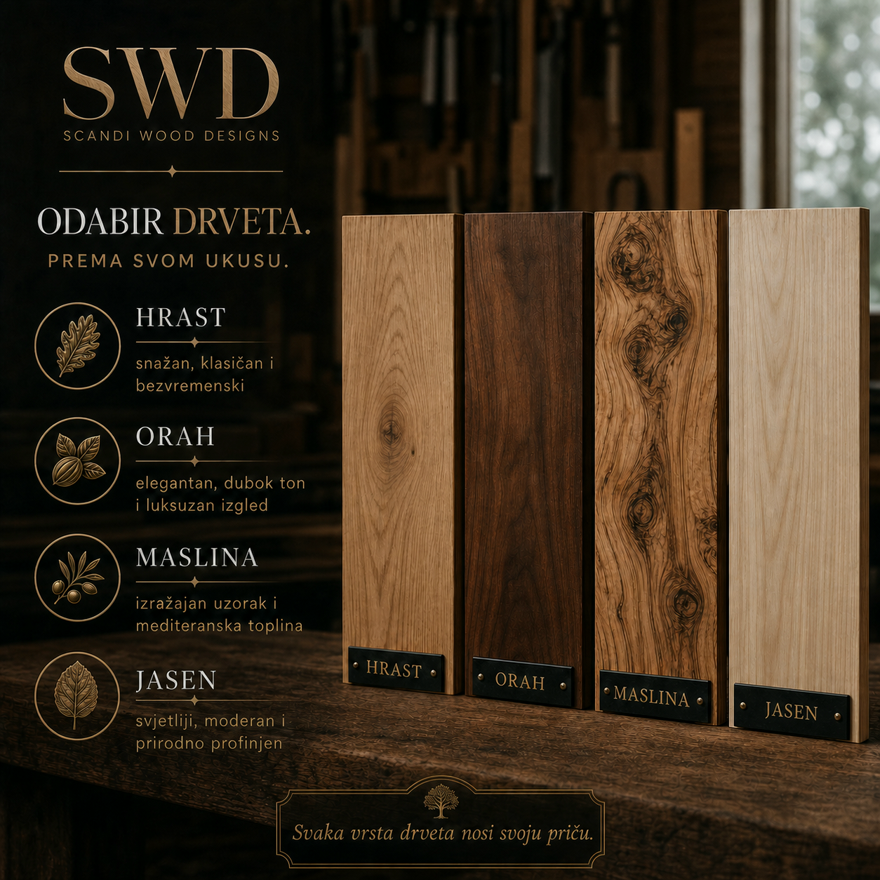 Odabir vrste drva — hrast, orah, maslina, jasen