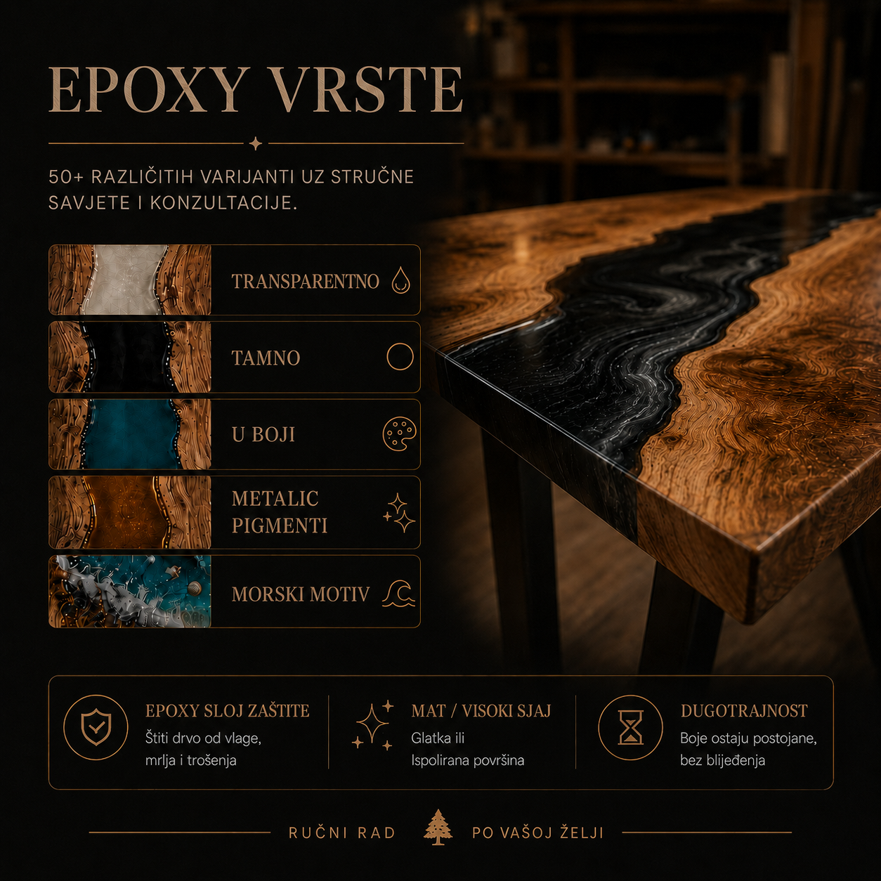 Vrste epoxy smole — transparentno, tamno, u boji, metalik, morski motiv